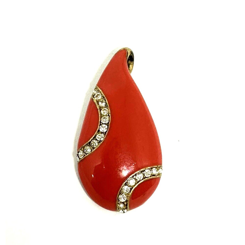 VTG Lia Sophia KIAM FAMILY Necklace Pendant Orange Red Enamel Rhinestone 1 3/4"